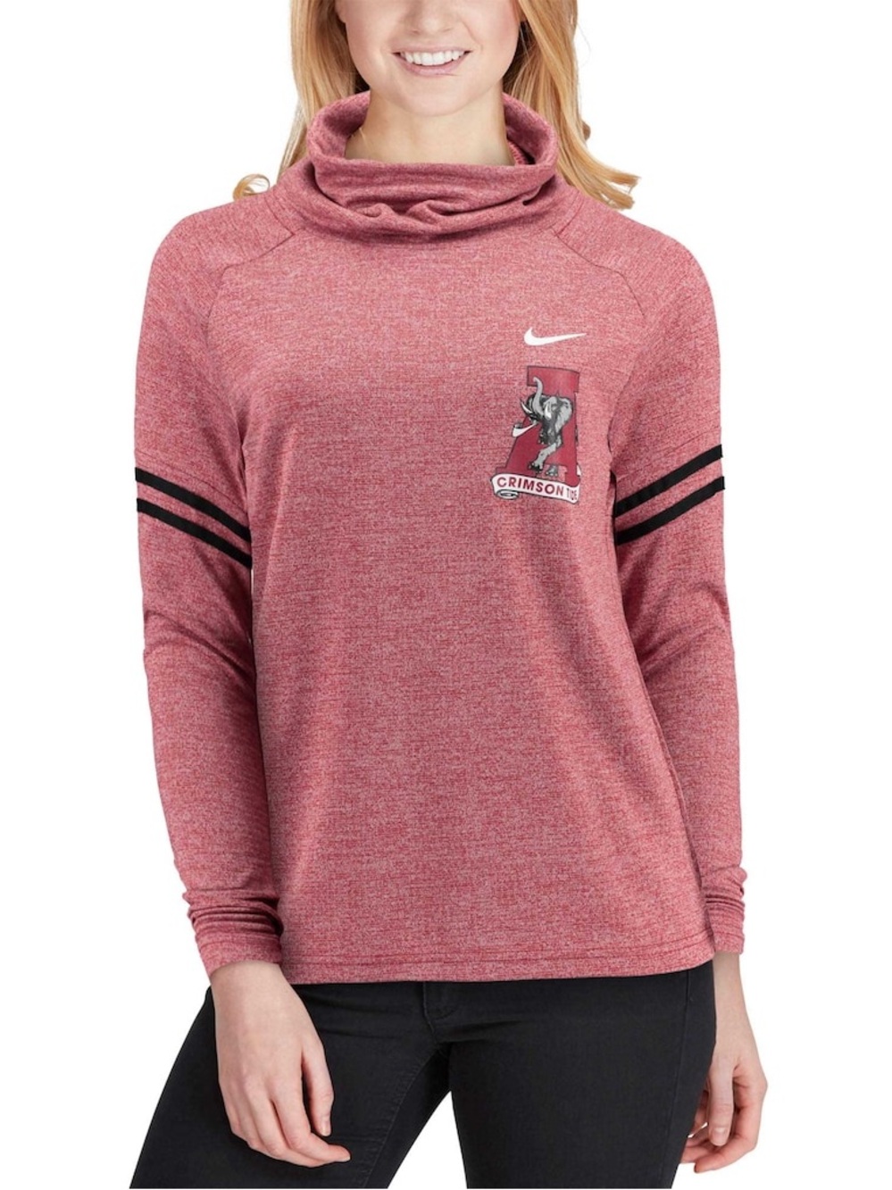 Nike Women’s Crimson Heather Funnel Neck Sweater with Black Arm Stripes Large